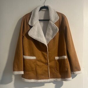 Tan Faux-Suede Teddy Jacket with White Sherpa Trim
